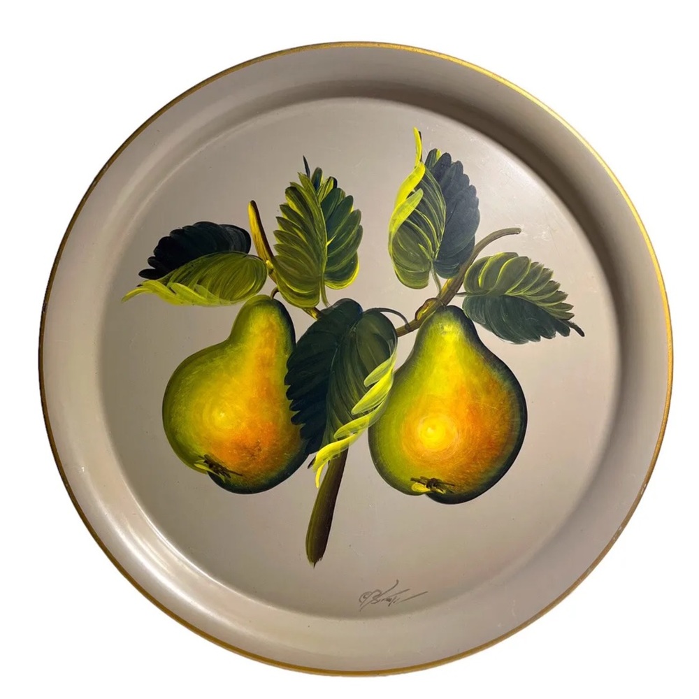 Vintage hand painted tole tin tray with pear fruit design